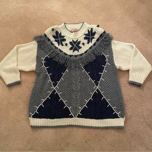 Vintage Blue and White Chunky Knit Fringe Pom-Pom Shoulder Pad Sweater 2X